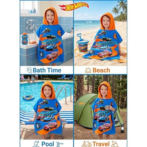 SRV Hub Hot Wheels Kids Hooded Towel Poncho 120x60cm | Boys Bathrobe for Swimming Pool, Surf & Beach | Soft Cotton Changing Towel for Ages 3-6 | Summer Car-Themed Fun — view 6