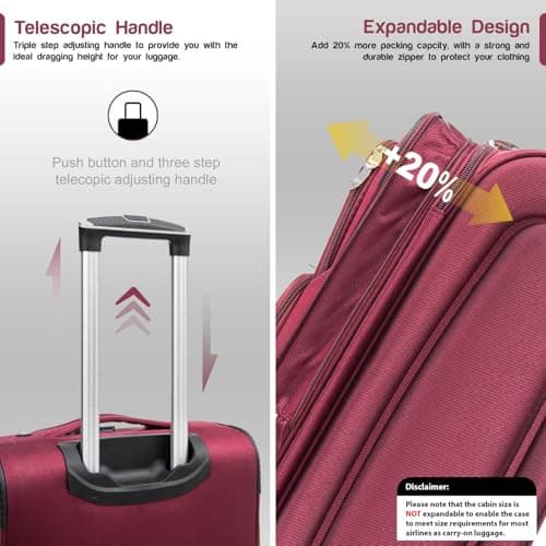 Aerostar Carry-on 20" Lightweight Soft Expandable Suitcase, Hand Luggage 4 Wheels & Combination Lock, 55x35x20cm | Accepted All Airlines easyjet, RyanAir, British Airways (Red, 32 litres) — view 3