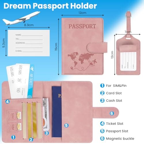 AOOTE Passport Cover and Suitcase Tag Set, PU Leather Passport Cover with RFID Blocking, Passports Covers and Luggage Tag with Card Slots, Passports Ticket Boarding Passes Credit Card Business Cards — view 2