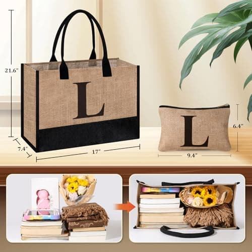 Tecanne Initial Jute Tote Bag & Makeup Bag, Birthday Gifts for Women Her Mum Teacher, Suitable for Wedding, Beach, Holiday (L) — view 6