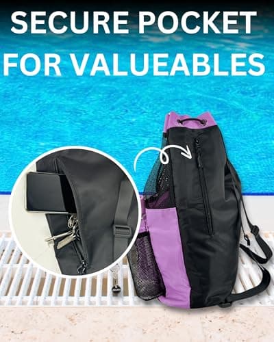 JIMJOOS Drawstring Mesh Swimming Bag - 25L Waterproof Swim Bag with Wet/Dry Compartment, Multifunctional Sports Backpack for Kids, Adults, Swimming, Surfing, Beach, Gym (Purple) — view 3