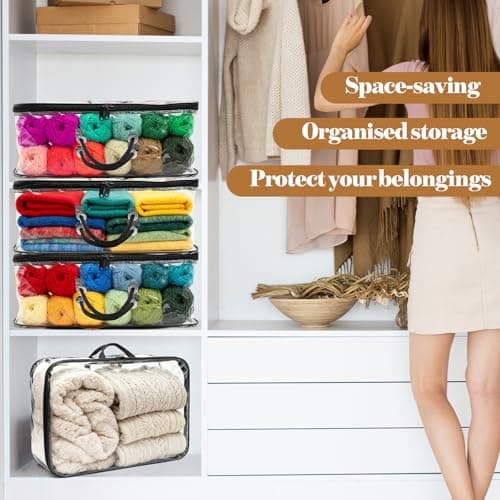3 Pcs Yarn wool Storage Organiser - Crochet, Knitting Accessories & Yarn Storage with Writeable Labels, Clear Portable knitting Bag with Handle, Saving Space for Yarns, Towels and Toys（44 x 33 x 15cm） — view 5