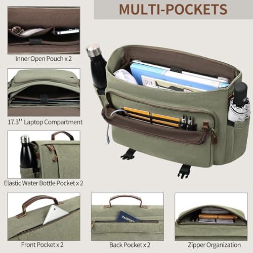 Estarer Messenger Bag 17.3 Inch Upgraded, Water-resistant Canvas Laptop Bag, Computer Shoulder Bag for College Travel Work,Army Green — view 4