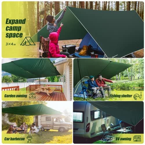 Bessport Camping Tent Tarp 3m x 3m/3m x 4m Waterproof PU3000 mm with Eyelets & 6 Aluminium Stakes & 8 Nylon Ropes, Anti-UV Suitable for Camping, Picnic, Hammock — view 6