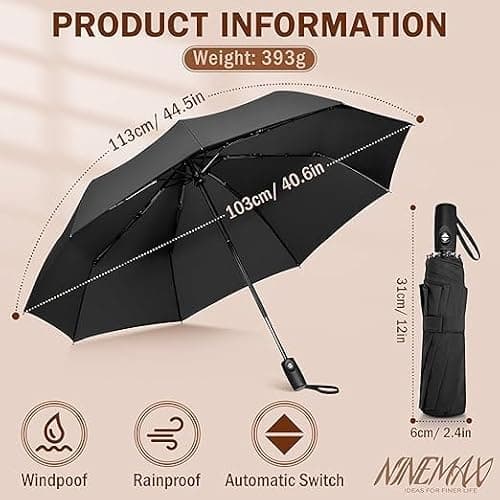 Umbrella Windproof Strong Compact,Light portable and automatic folding rain Umbrella, Extra Large Automatic Open & Close Rainproof with UV Protection, Durable Premium Grip, Fits Car. (Blk) — view 6