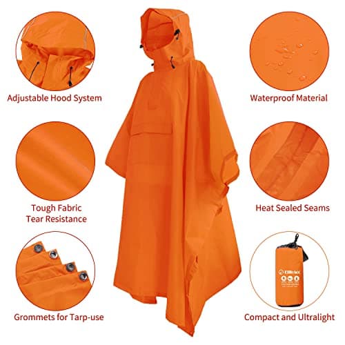 ElifeAcc Waterproof Poncho Adult Rain Poncho with Hood Lightweight & Reusable Windproof Buckles Multifunctional Cape for Outdoor Activities (Lightweight-Orange) — view 3