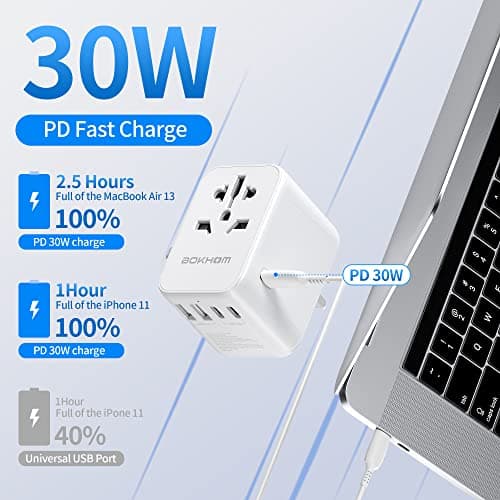Worldwide Travel Adapter With USB-C PD 30W Fast Charging, Universal Socket, Dual 10A Fuses, Surge Protection - All-in-One International Adapter for EU UK US AU Plugs — view 3