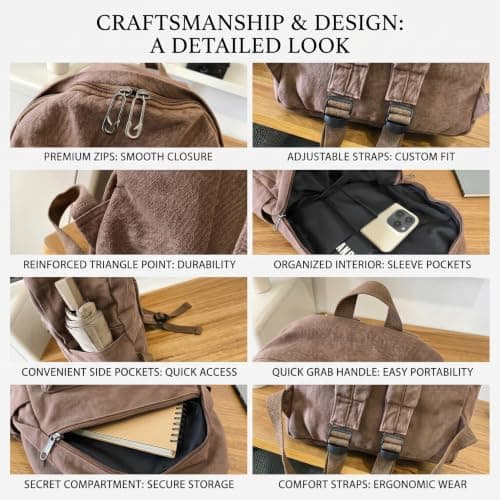 StaZamor Lightweight Vintage Canvas Backpack for Men Women, Casual Daypack with Compartment, Backpack for School, Travel, Work, Brown — view 5