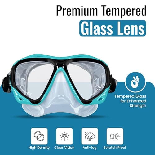 Two Bare Feet Adults Snorkel and Mask Set – Dry Top Silicone Snorkel, Anti-Fog Tempered Glass Dive Mask – Leak-Proof, Adjustable Fit for Swimming, Snorkelling & Diving Holidays (M2006S+S11S (Teal)) — view 3