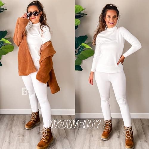 WOWENY Womens Thermal Underwear Set Ultra Soft Turtle Neck Long Johns Sleeved Top Base Layer Warm Tops & Bottoms for Skiing Sport Yoga,White,M — view 2