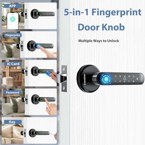 EVANSHOW Smart Door Knob with Fingerprint Lock - 5-in-1 Keyless Entry (Fingerprint/App/Code/IC Card/Key) Biometric Door with Auto-Lock Easy Install for Home/Bedroom — view 2