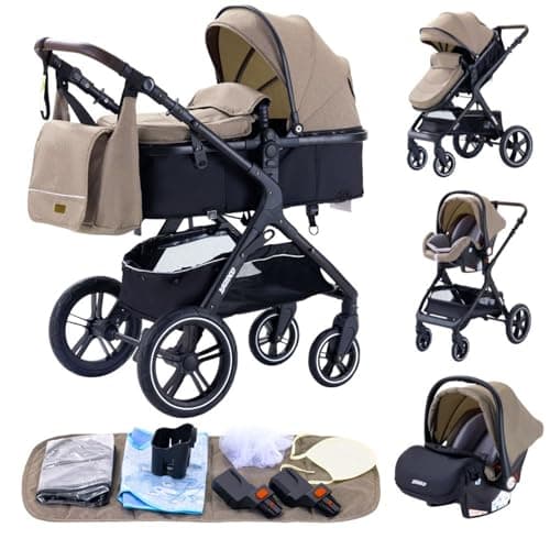 YAZOCO 3 in 1 Prams, Pushchair with Height Adjustable Handle, Travel System Pram with Changing Bag, Baby Stroller with Aluminum Frame for Newborn 0-4 Years (X1 Khaki)