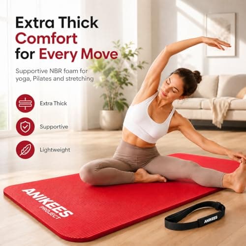 ANIKEES Extra Thick Yoga Mat, 183 x 60 cm, Multi-Purpose, NBR Foam Exercise mat, For Yoga, Pilates stre,tching, resistance work outs (Red) — view 2