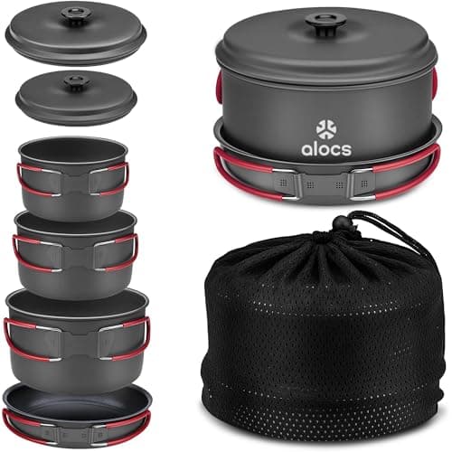 Alocs Camping Cookware, Aluminum Camping Cooking Set, Portable Pots and Pans Set, Camp Kitchen, Mess Kit for Backpacking, Outdoor Cooking and Picnic, Grey, 2.2L x 1.2L x 1L x 7.5"