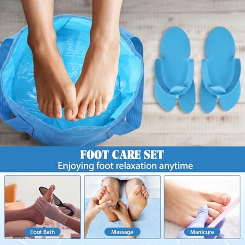 FillTouch 6 Sets Foldable Foot Bath Kit 15L Collapsible Foot Soaking Tub Bathroom Towels Women Adult Foldable Slippers with Storage Bag Spa Soak Pedicure Bath for Travel Camping(Sky Blue) — view 5