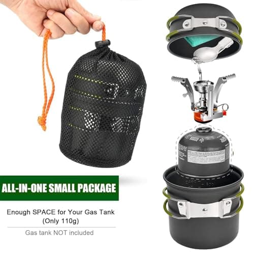 13pcs Outdoor Camping Cookware Stove Mess Kit,Camping Pot and Pan Set with Mini Backpacking Stove,Stainless Steel Cup, Knife Fork and Spoon Set for Backpacking, Camping Hiking and Picnic — view 6