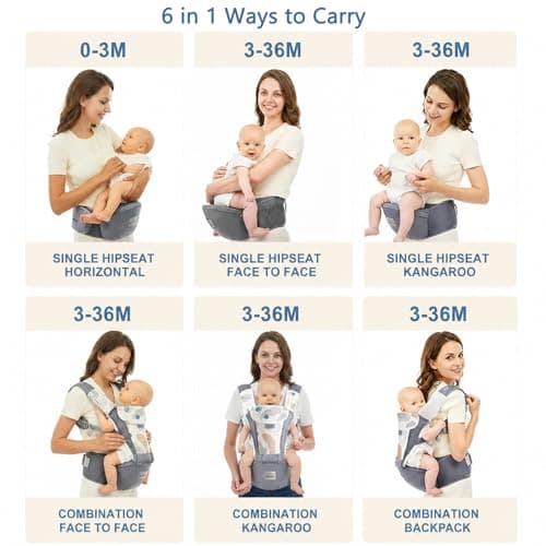 Bebamour Baby Carrier with Hip Seat, Newborn to Toddler 0–36 Months, Ergonomic Infant Carrier with Adjustable Waist Belt, Head Hood, Teething Pads & Waist Extender, Grey — view 3