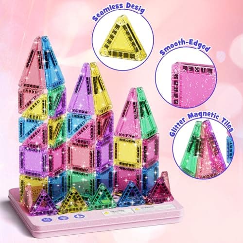 Travel Magnetic Tiles Glitter Construction Set 42pcs Travel Toys for Kids MINI Magnet Tiles with Iron Box Base, Magnetic Building Blocks Stem Toy Gift for 3+ Years Girl — view 6