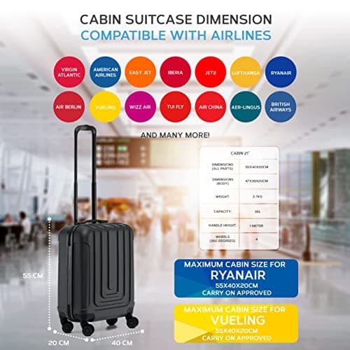 Flight Knight Premium Hard Shell Lightweight Cabin Suitcase - 8 Spinner Wheels - Built-in TSA Lock & USB Port - Luggage Approved for Over 100 Airlines Including Ryanir (Priority) - 55x40x20cm — view 3