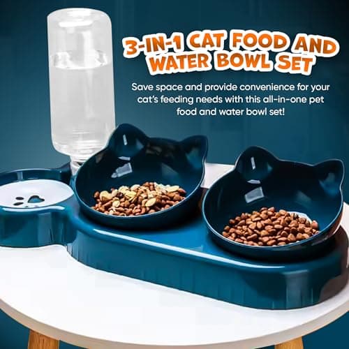 3-in-1 Cat Food And Water Bowl Set with Waterproof Mat - Raised Tilted Cat Bowls with Stand - Non-Slip Pet Food and Drinking Tray - Double Feeding Station with Water Dispenser for Cats & Small Dogs — view 2