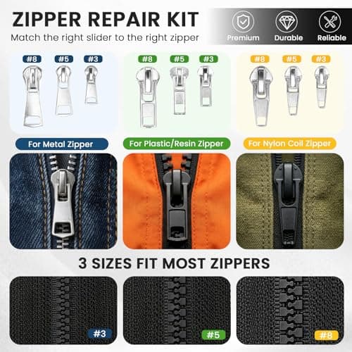 Kyteazr 150pcs Universal Zipper Repair Kit with 2 Pliers – All-in-One Zip Replacement for Jackets, Bags & Tents – Fits #3, #5, #8 Metal, Nylon & Resin Zips — view 3