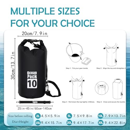 Dry Bag 10L, Boat Dry Bags Black Waterproof Bag Dry Sack Roll Top Long Adjustable Shoulder Strap 2L/5L/10L/20L/30L/40L for Drifting Boating Kayaking Fishing Rafting Swimming Camping Canoeing Surfing — view 2