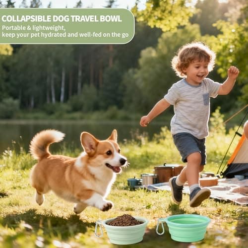 SLSON Collapsible Dog Bowl, 2 Pack Macaron Color Foldable Travel Dog Feeder Bowl Portable Silicone Pet Food Water for Dish Dogs Cats Camping Hiking (Macaron Light Green and Light Yellow) — view 4