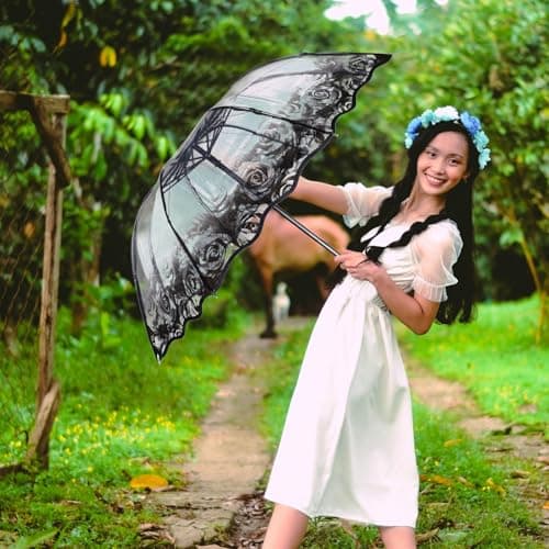 Black Rose Print Folding Umbrella, Portable Manual Travel Umbrella — view 6