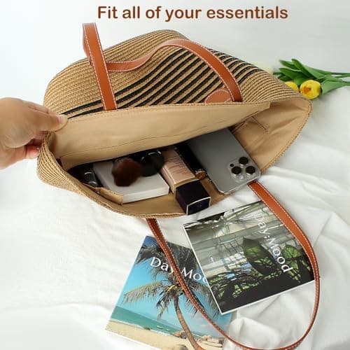 Kayiete Straw Beach Bag,Summer Beach Bag Tote Bag Large Size Straw Shoulder Bag with Zipper Perfect for women Summer Vacation — view 5