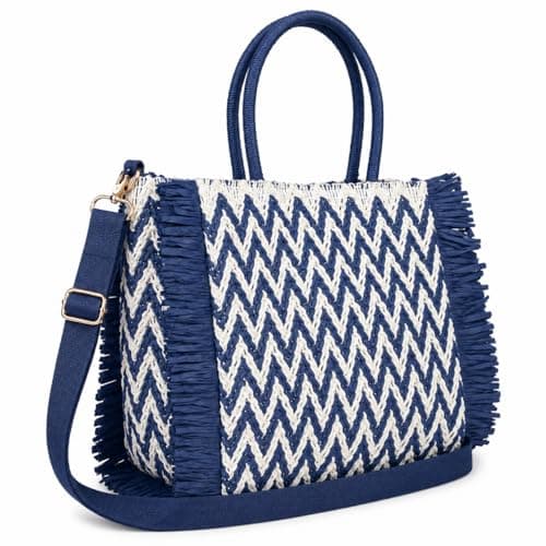 Woodland Leathers Womens Summer Bag, Straw Beach Bag, Large Woven Tote Bag with Raffia Fringe, Boho Chevron Design, Detachable Adjustable Shoulder Strap Holiday Handbag (Blue, Large)