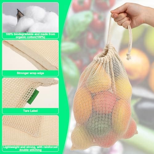 ZEYIYER 3 Pack Vegetable Bags Cotton Drawstring Bag, 35 x 28 cm Big Mesh Produce Bags for Vegetables Fruit, Reusable Produce Bags Washable Net Bags — view 3
