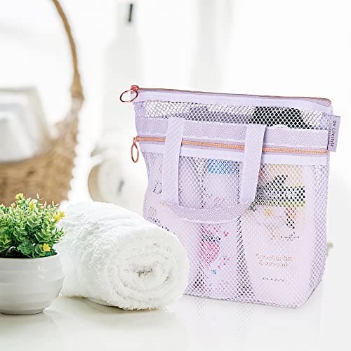 DV Lifestyle Mesh Shower Bag 25 x 26cm Caddy with Zipper & 2 Pockets. Quick-Dry Portable Toiletry Tote for Bathroom, Gym, Travel, Camp, Beach, for Sunscreen, Dorm & College Essentials (Light Gray) — view 5