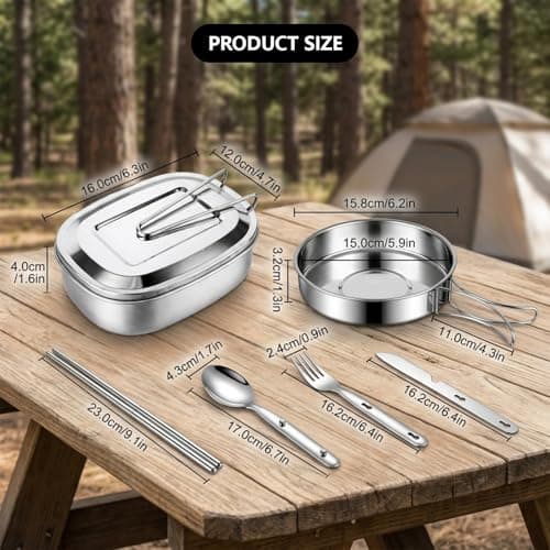 Mess Tins For Camping, 6 pieces Camping Cooking Set Stainless Steel Camping Pan Set - Foldable Outdoor Cookware Set Withcamping Frying Pan, Mess Tin, Cutlery - Ideal for Outdoor Adventures — view 2