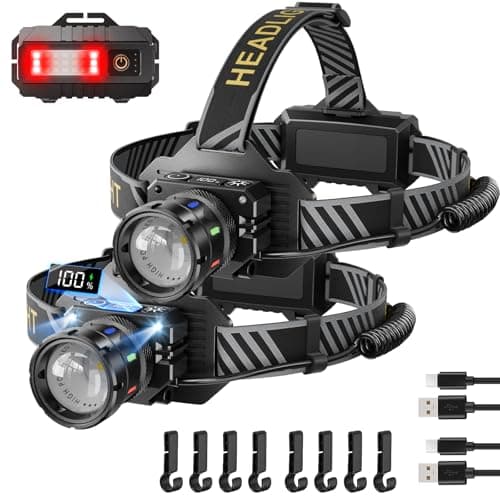Sefitopher Head Torch Rechargeable 2 Pack,80000LM Super Bright 9 Modes LED Headlight Red Warning and Sensor,IP65 Waterproof 90°Adjustable Focus Headlight for Running, Camping, Hiking, Fishing etc