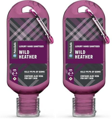 Palm Safe Wild Heather 60ml Anti Bacterial Premium Hand Sanitiser Travel Size Refillable Clip Bottle Quick Drying Non Sticky Extra Moisturising Kills 99.9% of Viruses and Bacteria (Pack of 2)