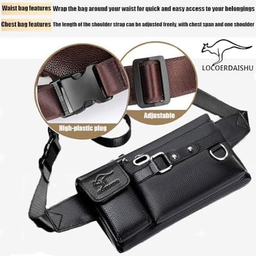 Genuine Leather Bum Bag, Unisex Waist Fanny Pack with Zippered Pockets, Large Capacity Travel Money Belt for Passport, Phone, Dog Walking, Festivals, Hiking, Running (Black) — view 6