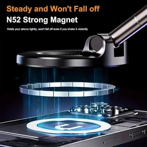STRONG MAGNETIC Car Phone Holder | POWERFUL NANO Vacuum Suction on Windshield | For iPhone, Samsung, Pixel, Universal ROTATABLE 720° STICKS on Windscreen with Dashboard plate, 3 MAGNET RINGS, PORTABLE — view 6