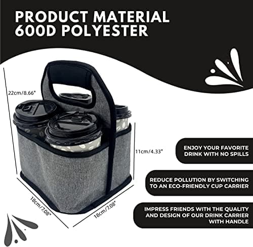KOSTOO Portable Drink Carrier and Reusable Coffee Cup Holder for Hot or Cold Drinks, On-The-go Water Bottle Cup Caddy with Adjustable Elastic Fastening Strap, Gray (Gray-4 Pockets) — view 4