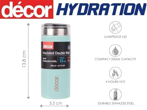 Décor Double Wall Stainless Steel Travel Mug - Keeps 4 Hours Hot - 12 Hours Cold - Car Cup Holder Compatible - Removable Screw Top Lid - 200ml Mint. — view 2