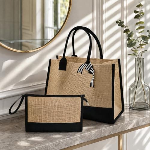 Jute Canvas Tote Bag, Large Capacity Travel, Reusable Shoulder Handbag, Foldable Waterproof Shopping, DIY Jute Beach Tote with Cosmetic Bag for Wedding, Birthday, Holiday, Beach (B1) — view 2