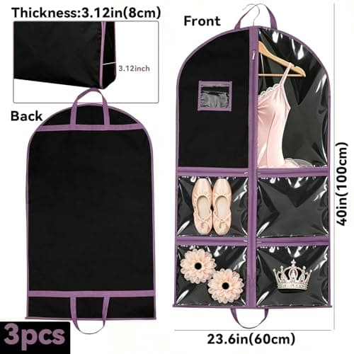 3 Pack Dance Costume Bags, 40 inch Garment Bags with 4 Clear Zipper Pockets — view 2
