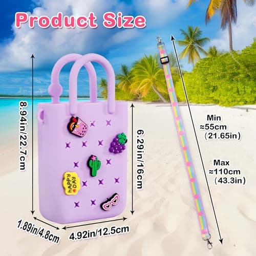 Oudizz Mini Rubber Tote Bag, EVA Waterproof Beach Tote for Little Girls And Woman, Silicone Hole Small Beach Tote for Travel Outdoor, Cute Rubber Beach Bag with 20 Charms & Adjustable Shoulder Strap — view 4