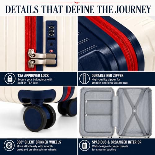 XPLR 55x34x24cm Cabin Suitcase - Hard Shell 20" Carry On Bag Luggage - USB Charging Port - Cup Holder - TSA Lock - 360° Wheels - Lightweight 2.8kg Hand Luggage for Travel (Heritage Navy) — view 3