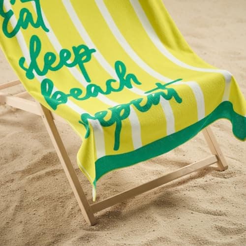 OHS Beach Towel, Eat Sleep Beach Slogan Super Soft Quick Dry Sand Free Microfibre Towel Large Lightweight Compact Travel Summer Essentials Holiday Towels, Yellow - 71 x 152cm — view 2
