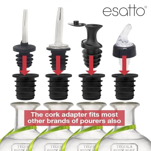 Esatto Pour & Seal Plastic Pourer with Lid - 12 Pieces & 4 Cork Adaptors for Precision Pouring, Pour Spouts for Bottles, Liquor Bottle Pourers for Alcohol & Olive Oil, Bar Bartender Accessories — view 3