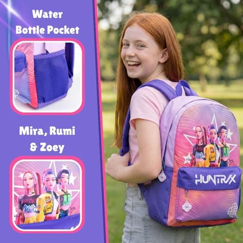 KPop Demon Hunters Huntrix Girls Pink Backpack | Cartoon Character School Bag with Zipper Closure | HUNTRIX Streetwear Rucksack for Kids | K-Pop Demon Hunters Merch — view 6