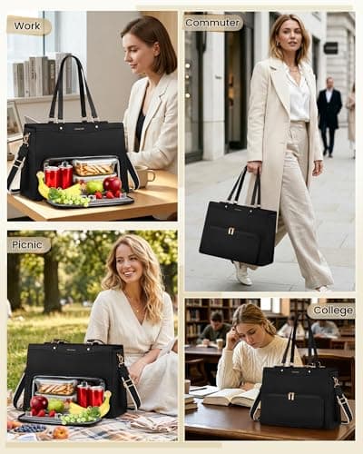 RAINSMORE Teacher Bag 15.6 Inch Laptop Bag with Lunch Compartment PU Leather Laptop Tote Bags for Women Professional Work Bag for College Office Black — view 2