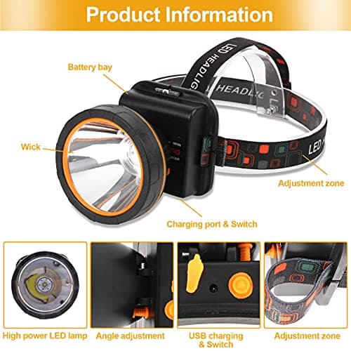 PARAROSE Head Torches Upgrade, 90000 High Lumen Head Torch Rechargeable Super Bright Headtouch, Waterproof USB LED Head Tourch, 2 Modes Headlamp for Outdoor Camping Fishing Hunting Running Biking — view 6
