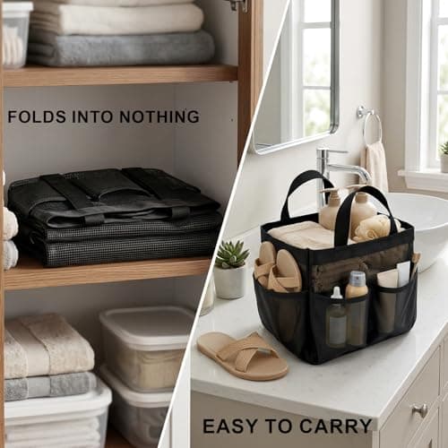 1 Pack Quick Dry Mesh Shower Bag, Portable 8 Pockets Bath Organiser Shower Caddy Tote with 2 Handles Hanging, for College Dorm Room Essentials, for Beach, Swimming, Gym, Travel Essentials (Black) — view 4