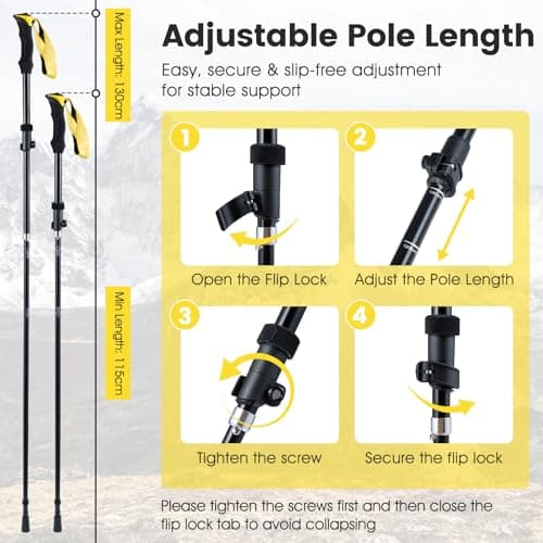 COSTWAY 2 Pack Telescopic Trekking Poles, Portable Aluminum Hiking Sticks, Lightweight Walking Poles for Camping Backpacking (with EVA Foam Handles & Carry Bag, Folding, Yellow) — view 4